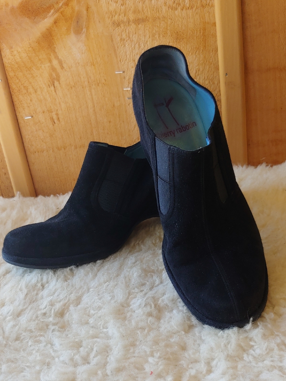 Thierry Rabotin Black Suede Slip-Ons with Teal Insole